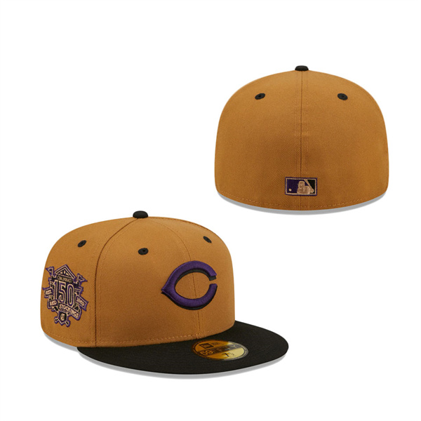 Cincinnati Reds New Era 150 Seasons Cooperstown Collection Purple Undervisor 59FIFTY Fitted Hat Tan Black