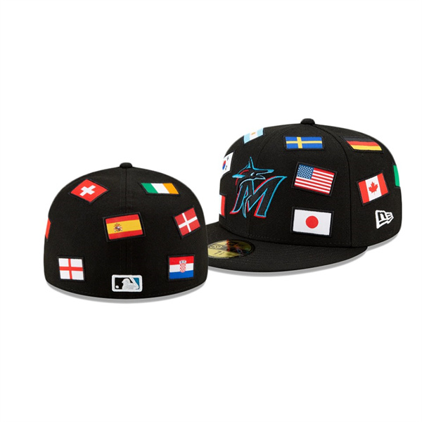 Miami Marlins All Over Flag Black 59FIFTY Fitted Hat