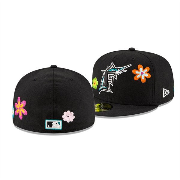 Miami Marlins Chain Stitch Floral Black 59FIFTY Fitted Hat