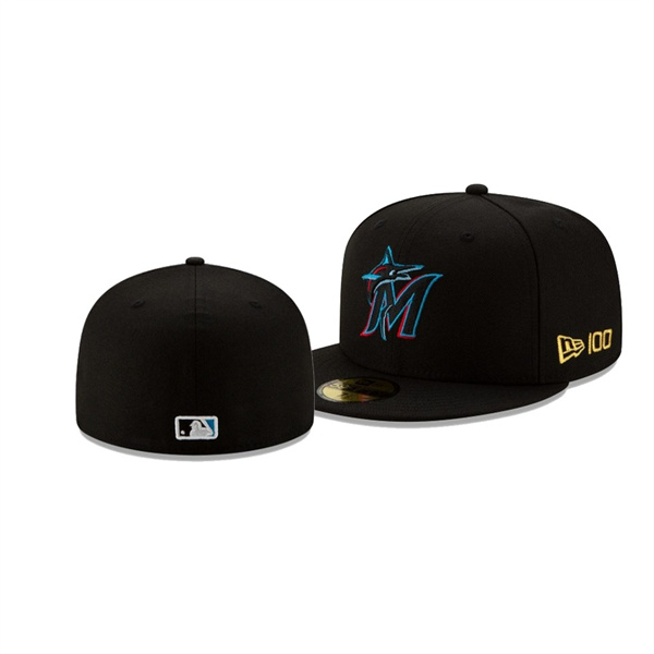 Men's Miami Marlins New Era 100th Anniversary Black Team Color 59FIFTY Fitted Hat