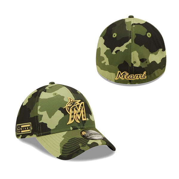 Men's Miami Marlins New Era Camo 2022 Armed Forces Day 39THIRTY Flex Hat