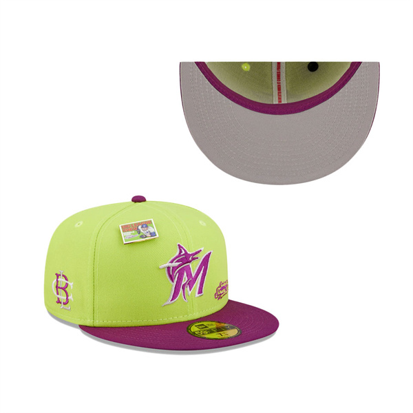 Men's Miami Marlins New Era Green Purple MLB X Big League Chew Swingin' Sour Apple Flavor Pack 59FIFTY Fitted Hat