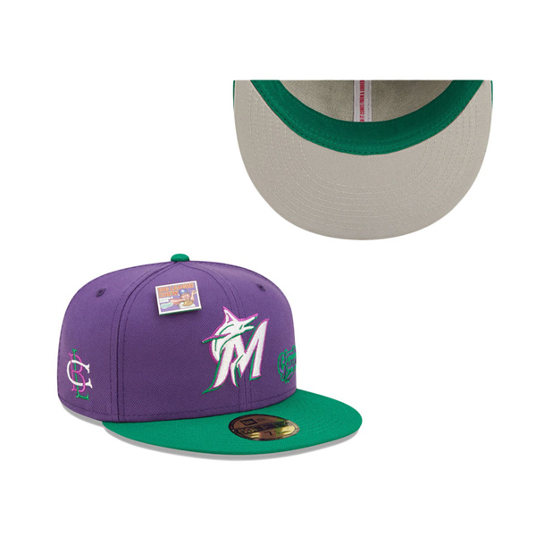 Men's Miami Marlins New Era Purple Green MLB X Big League Chew Ground Ball Grape Flavor Pack 59FIFTY Fitted Hat