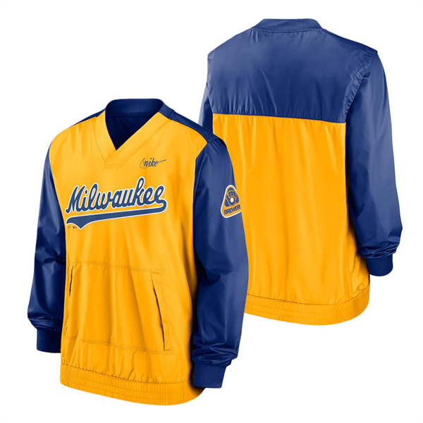 Men's Milwaukee Brewers Nike Royal Gold Cooperstown Collection V-Neck Pullover Jacket