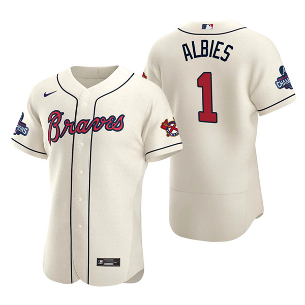 Men's Ozzie Albies Atlanta Braves Cream Alternate 2021 World Series Champions Authentic Jersey