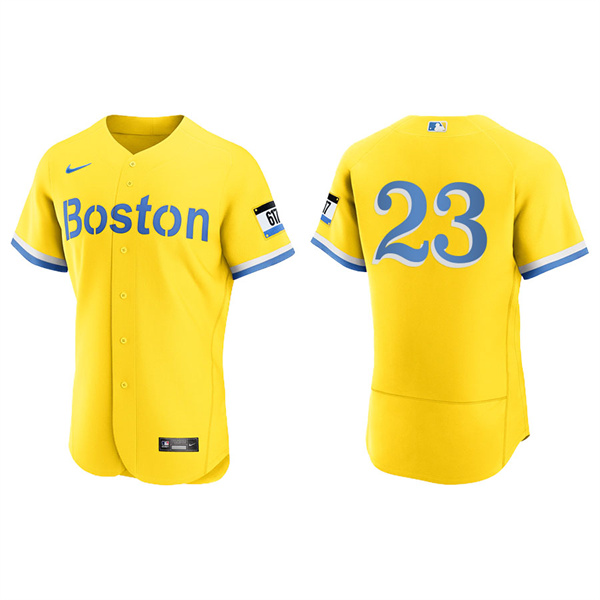 Men's Boston Red Sox Travis Shaw Gold Light Blue 2021 City Connect Authentic Jersey