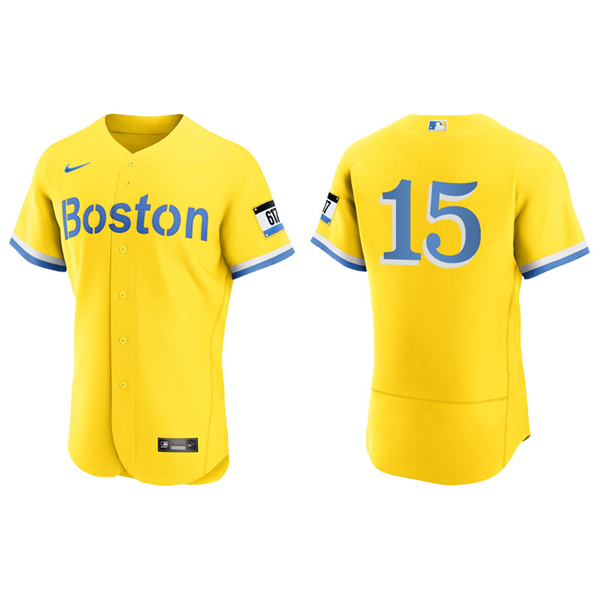 Men's Boston Red Sox Dustin Pedroia Gold Light Blue 2021 City Connect Authentic Jersey