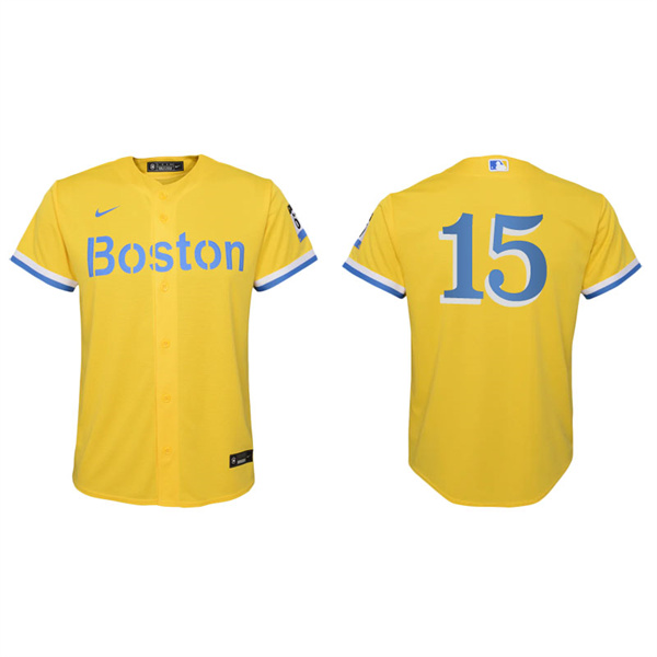 Youth Boston Red Sox Dustin Pedroia Gold Light Blue 2021 City Connect Replica Jersey