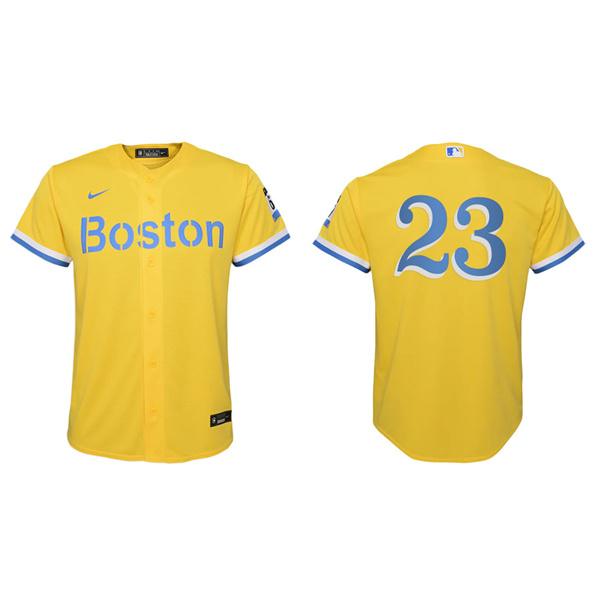 Youth Boston Red Sox Travis Shaw Gold Light Blue 2021 City Connect Replica Jersey