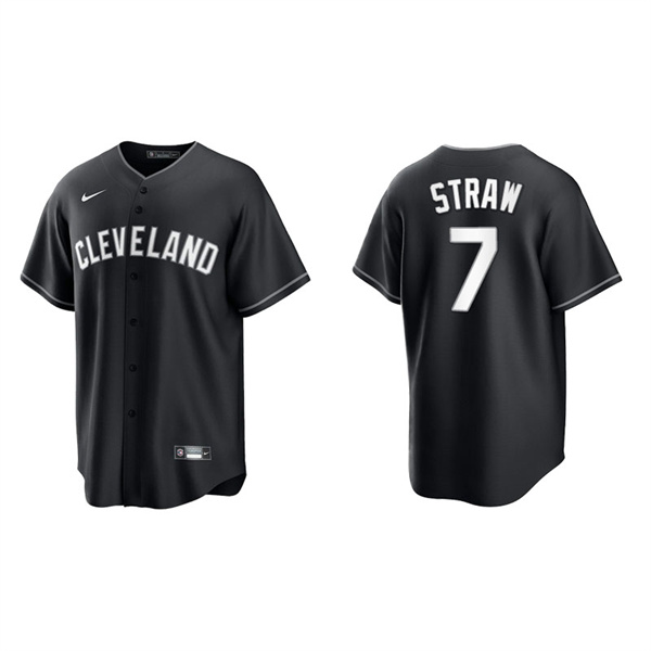 Men's Cleveland Indians Myles Straw Black White Replica Official Jersey