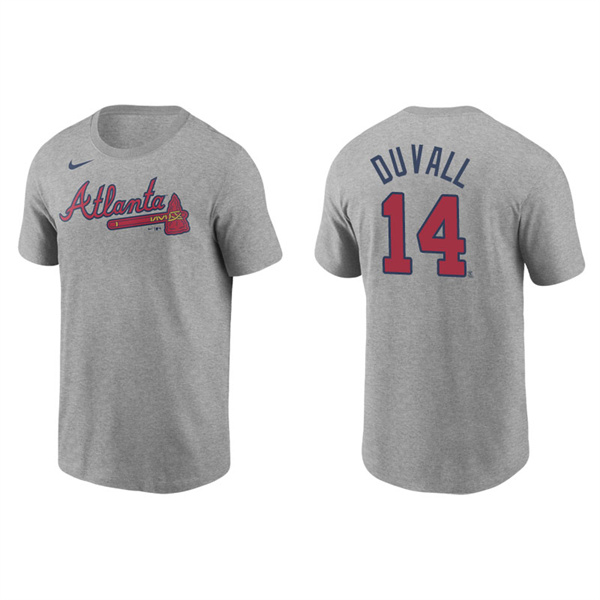 Men's Atlanta Braves Adam Duvall Gray Name & Number Nike T-Shirt