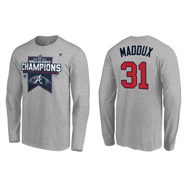 Greg Maddux Atlanta Braves Gray 2021 World Series Champions Locker Room Long Sleeve T-Shirt