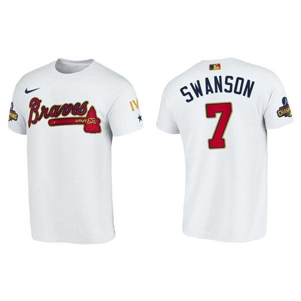 Men's Atlanta Braves Dansby Swanson White 2022 Gold Program T-Shirt