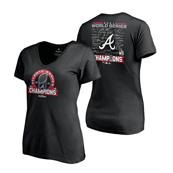 Women's Atlanta Braves Black 2021 World Series Champions Signature Roster V-Neck T-Shirt