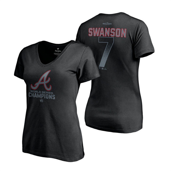 Women's Atlanta Braves Dansby Swanson Black 2021 World Series Champions Name & Number V-Neck T-Shirt