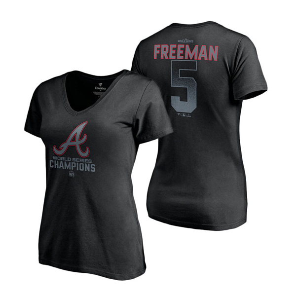 Women's Atlanta Braves Freddie Freeman Black 2021 World Series Champions Name & Number V-Neck T-Shirt