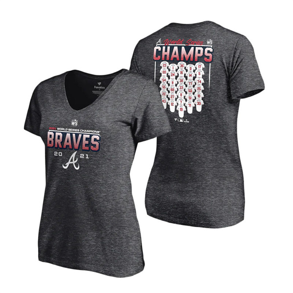 Women's Atlanta Braves Heathered Charcoal 2021 World Series Champions Jersey Roster V-Neck T-Shirt