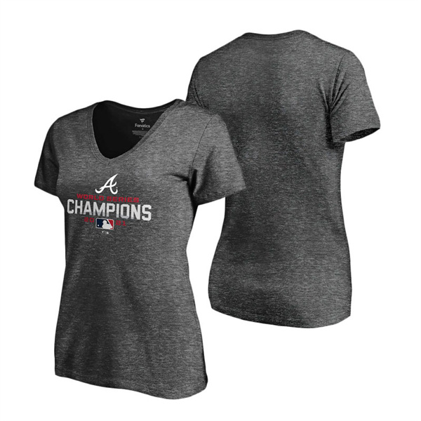 Women's Atlanta Braves Heathered Charcoal 2021 World Series Champions V-Neck T-Shirt