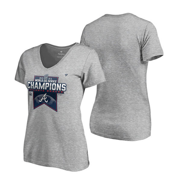 Women's Atlanta Braves Heathered Gray 2021 World Series Champions Locker Room Plus Size V-Neck T-Shirt