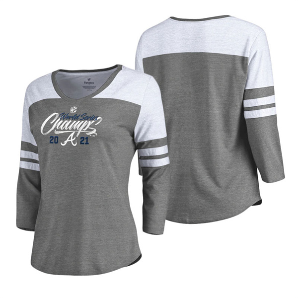 Women's Atlanta Braves Heathered Gray White 2021 World Series Champions Appeal Play Raglan 3-4 Sleeve V-Neck T-Shirt