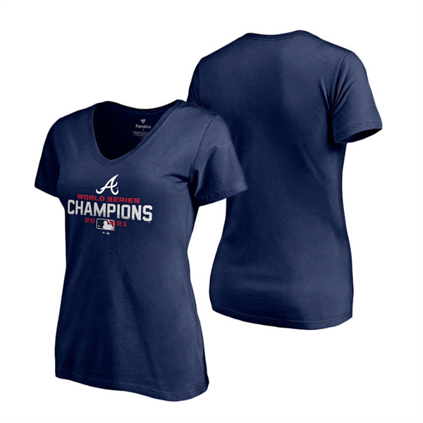 Women's Atlanta Braves Navy 2021 World Series Champions Plus Size V-Neck T-Shirt