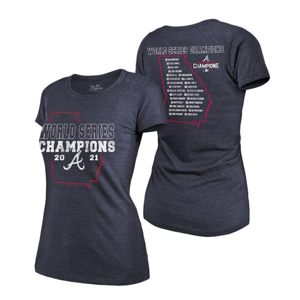 Women's Atlanta Braves Navy 2021 World Series Champions Roster Tri-Blend T-Shirt