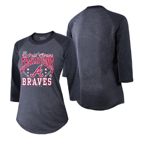 Women's Atlanta Braves Navy 2021 World Series Champions Victory Tri-Blend Raglan 3-4 Sleeve T-Shirt