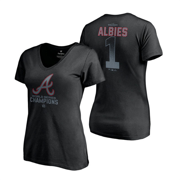 Women's Atlanta Braves Ozzie Albies Black 2021 World Series Champions Name & Number V-Neck T-Shirt