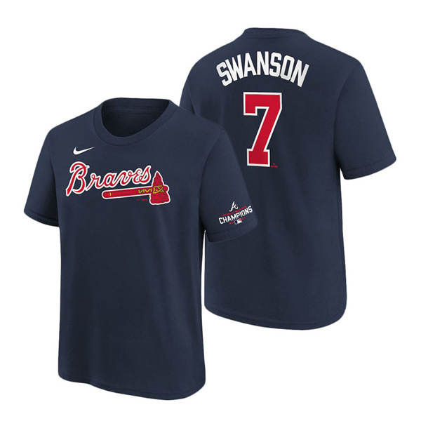 Youth Atlanta Braves Dansby Swanson Navy 2021 World Series Champions Name & Number T-Shirt