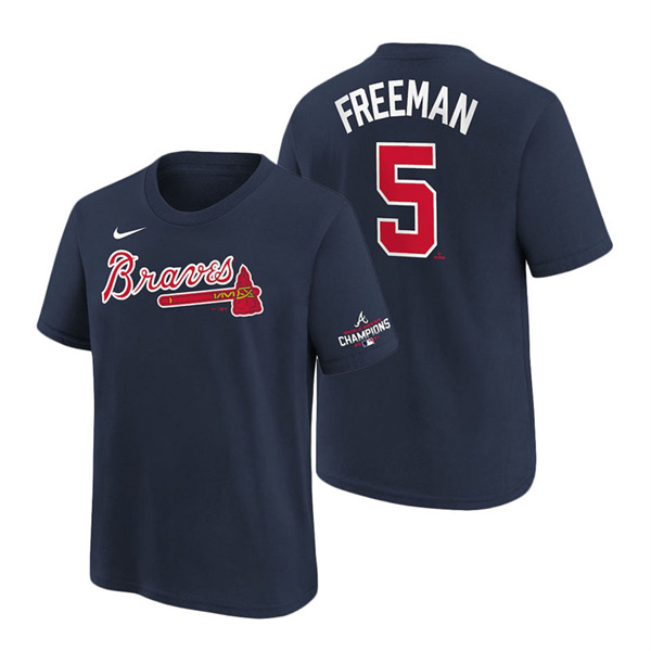 Youth Atlanta Braves Freddie Freeman Navy 2021 World Series Champions Name & Number T-Shirt