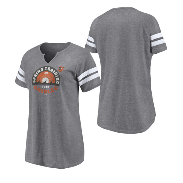 Women's Baltimore Orioles Fanatics Branded Heathered Gray 2022 MLB Spring Training Grapefruit League Spring Retro Raglan Tri-Blend Notch Neck T-Shirt