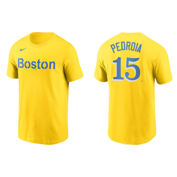 Men's Boston Red Sox Dustin Pedroia Gold 2021 City Connect Wordmark T-Shirt