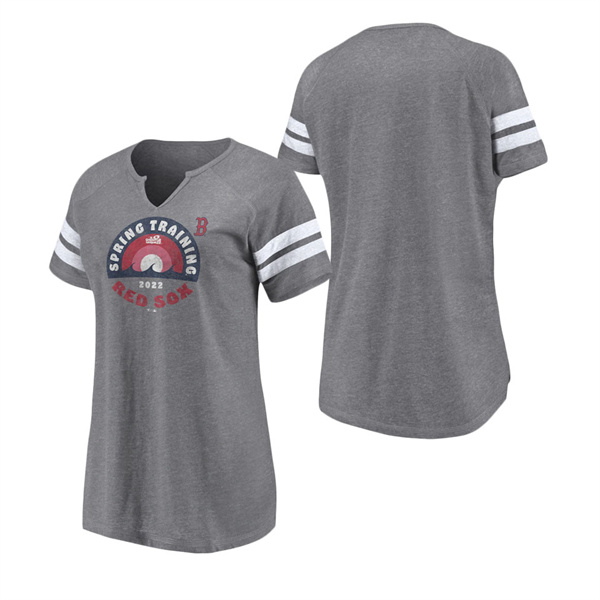 Women's Boston Red Sox Fanatics Branded Heathered Gray 2022 MLB Spring Training Grapefruit League Spring Retro Raglan Tri-Blend Notch Neck T-Shirt