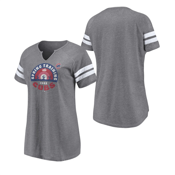 Women's Chicago Cubs Fanatics Branded Heathered Gray 2022 MLB Spring Training Cactus League Spring Retro Raglan Tri-Blend Notch Neck T-Shirt