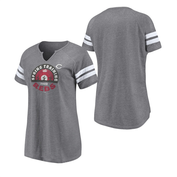 Women's Cincinnati Reds Fanatics Branded Heathered Gray 2022 MLB Spring Training Cactus League Spring Retro Raglan Tri-Blend Notch Neck T-Shirt