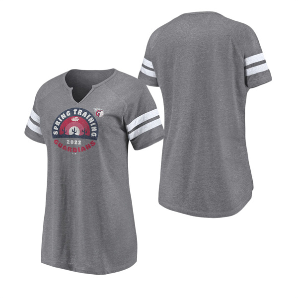 Women's Cleveland Guardians Fanatics Branded Heathered Gray 2022 MLB Spring Training Cactus League Spring Retro Raglan Tri-Blend Notch Neck T-Shirt