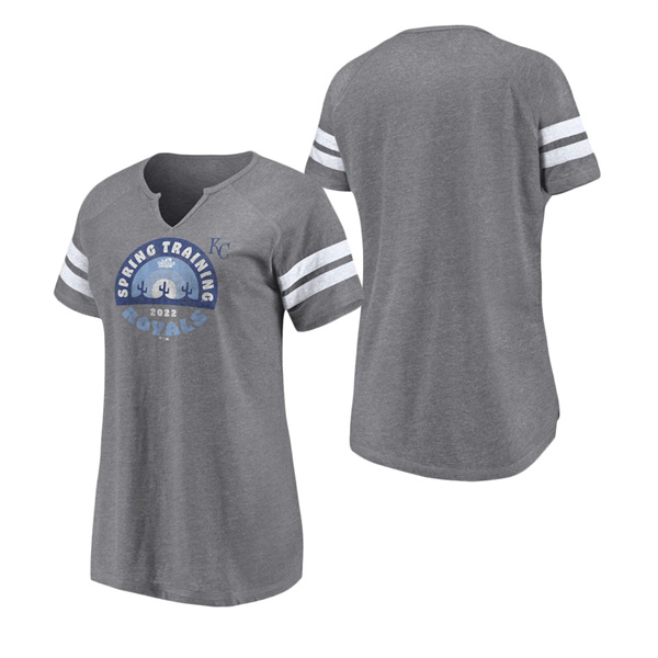 Women's Kansas City Royals Fanatics Branded Heathered Gray 2022 MLB Spring Training Cactus League Spring Retro Raglan Tri-Blend Notch Neck T-Shirt