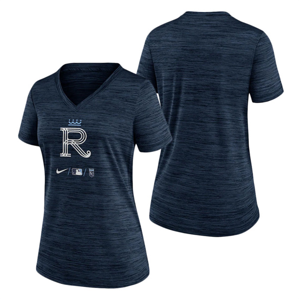 Women's Kansas City Royals Nike Navy 2022 City Connect Velocity Performance V-Neck T-Shirt