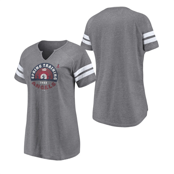 Women's Los Angeles Angels Fanatics Branded Heathered Gray 2022 MLB Spring Training Cactus League Spring Retro Raglan Tri-Blend Notch Neck T-Shirt