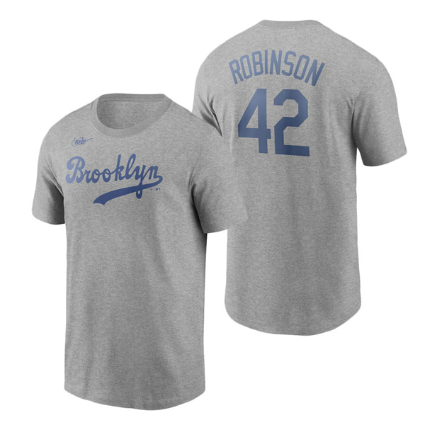 Men's Brooklyn Dodgers Jackie Robinson Nike Heathered Gray Cooperstown Collection Name & Number T-Shirt
