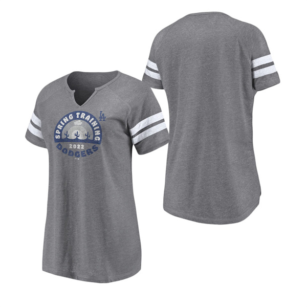 Women's Los Angeles Dodgers Fanatics Branded Heathered Gray 2022 MLB Spring Training Cactus League Spring Retro Raglan Tri-Blend Notch Neck T-Shirt