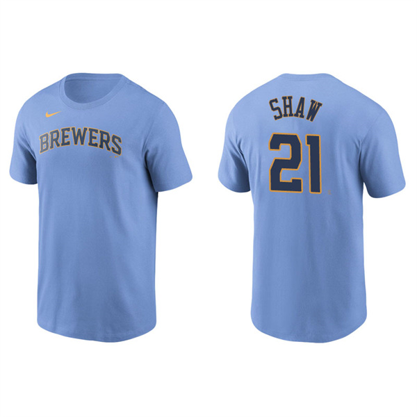 Men's Milwaukee Brewers Travis Shaw Light Blue Name & Number Nike T-Shirt