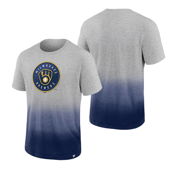 Men's Milwaukee Brewers Fanatics Branded Heathered Gray Heathered Navy Iconic Team Ombre Dip-Dye T-Shirt