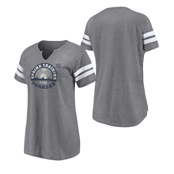 Women's New York Yankees Fanatics Branded Heathered Gray 2022 MLB Spring Training Grapefruit League Spring Retro Raglan Tri-Blend Notch Neck T-Shirt