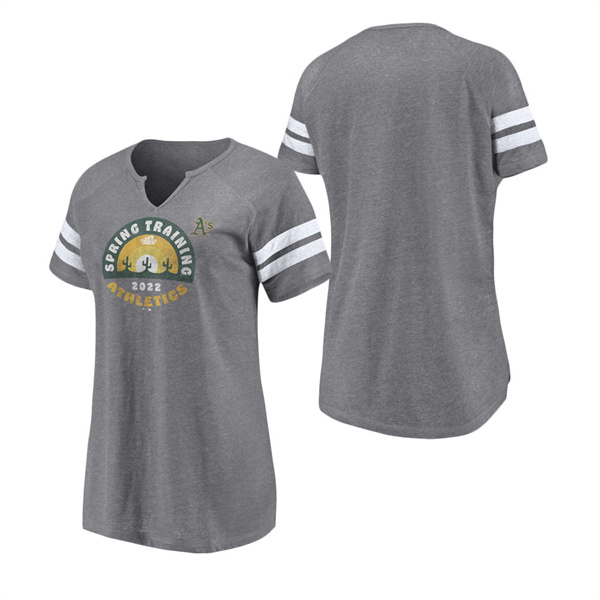 Women's Oakland Athletics Fanatics Branded Heathered Gray 2022 MLB Spring Training Cactus League Spring Retro Raglan Tri-Blend Notch Neck T-Shirt