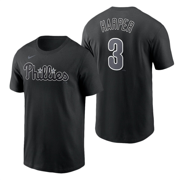 Men's Philadelphia Phillies Bryce Harper Nike Black Black & White Name & Number T-Shirt