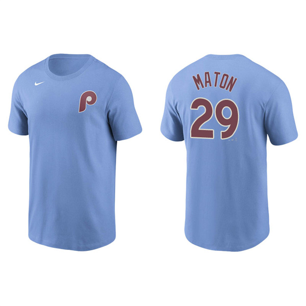 Men's Philadelphia Phillies Nick Maton Light Blue Name & Number Nike T-Shirt