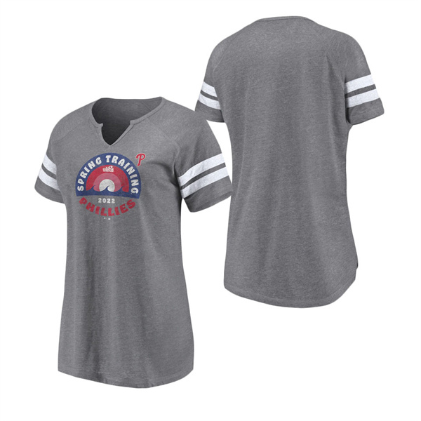 Women's Philadelphia Phillies Fanatics Branded Heathered Gray 2022 MLB Spring Training Grapefruit League Spring Retro Raglan Tri-Blend Notch Neck T-Shirt