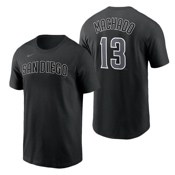 Men's San Diego Padres Manny Machado Nike Black Black & White Name & Number T-Shirt
