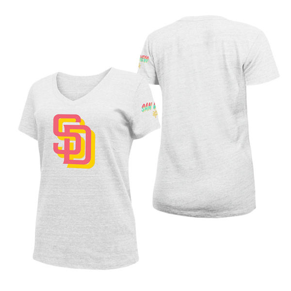 Women's San Diego Padres White 2022 City Connect Cap Logo Tri-Blend V-Neck T-Shirt